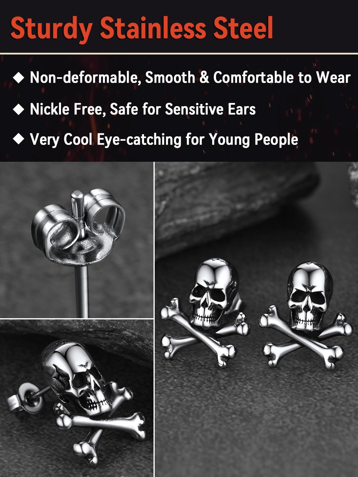 Punk Silver Skull Stud Earrings – Stainless Steel, 6.5mm, Screw Back, Unisex