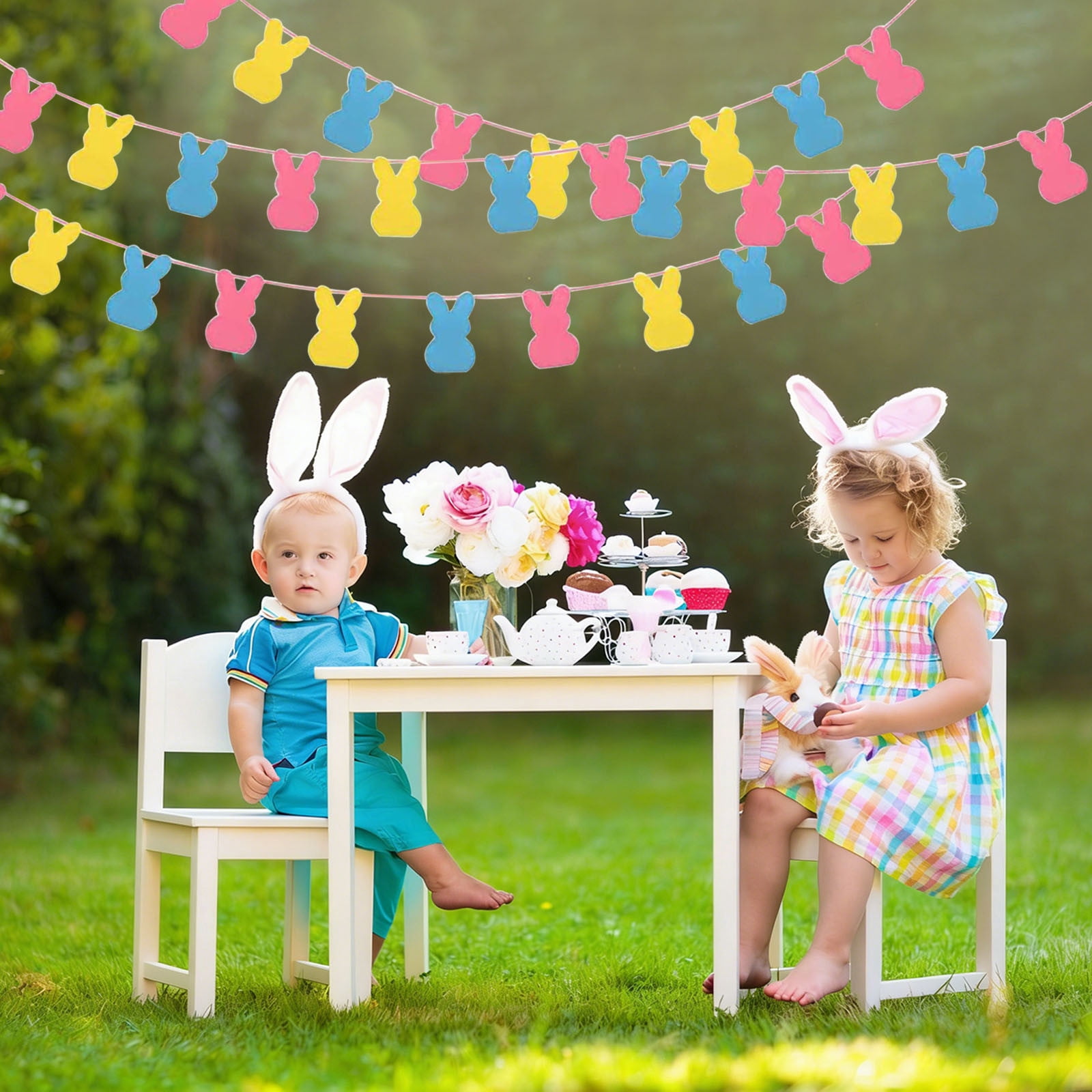 Easter Garland with Adjustable Rope - Heart and Bunny Spring Bunting for Door Mantel Party Decor, Reusable Easter Home & Table Decoration