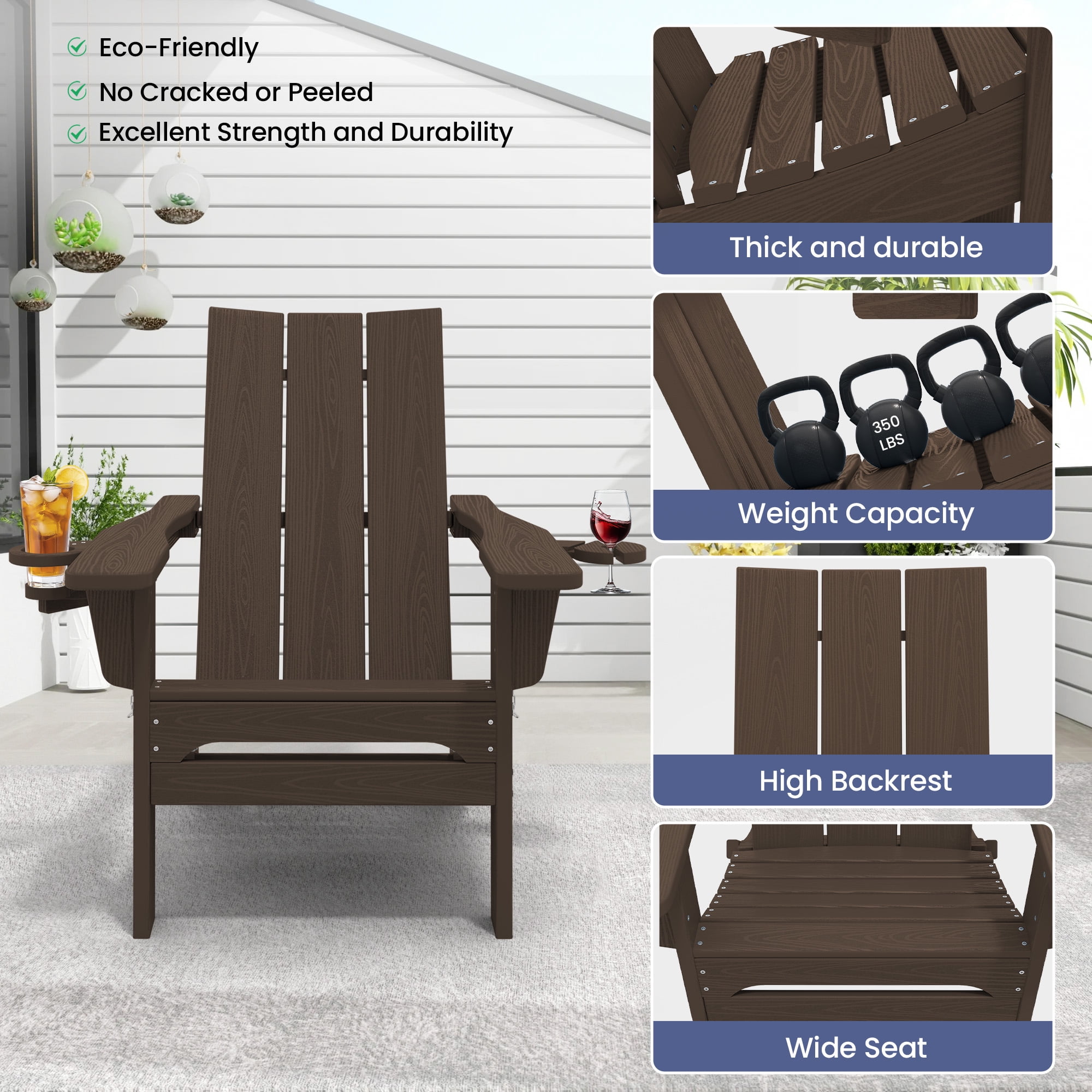 SERWALL Folding Adirondack Chair with 2 Cup Holders & Phone Slot, All-Weather Outdoor HDPE Patio Chair, Foldable Lawn Deck Chair, Dark Brown