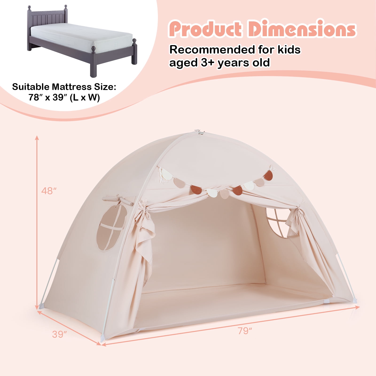 Gymax Twin Full Size Bed Tent w/2 Windows Flags for Boys & Girls Aged 3+ Years Old Beige