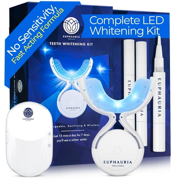 Euphauria Teeth Whitening Kit with LED Light, At-Home Sensitive Teeth Whitener, Red and Blue UV Whitening Spectrum