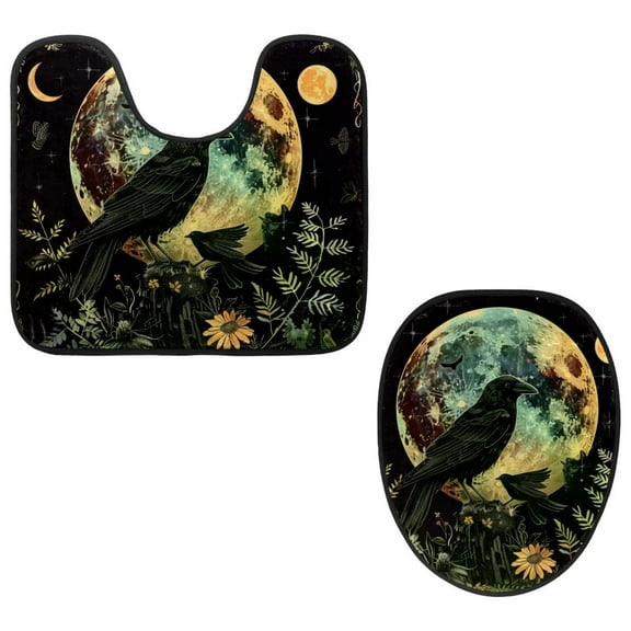 PhooArto Toilet Lid Cover and U-Shaped Toilet Floor Mat Set of 2 Pieces, Sun Moon Black Crow Toilet Mat Set, Machine Washable Seat Covers Non-Slip Absorbent Rugs