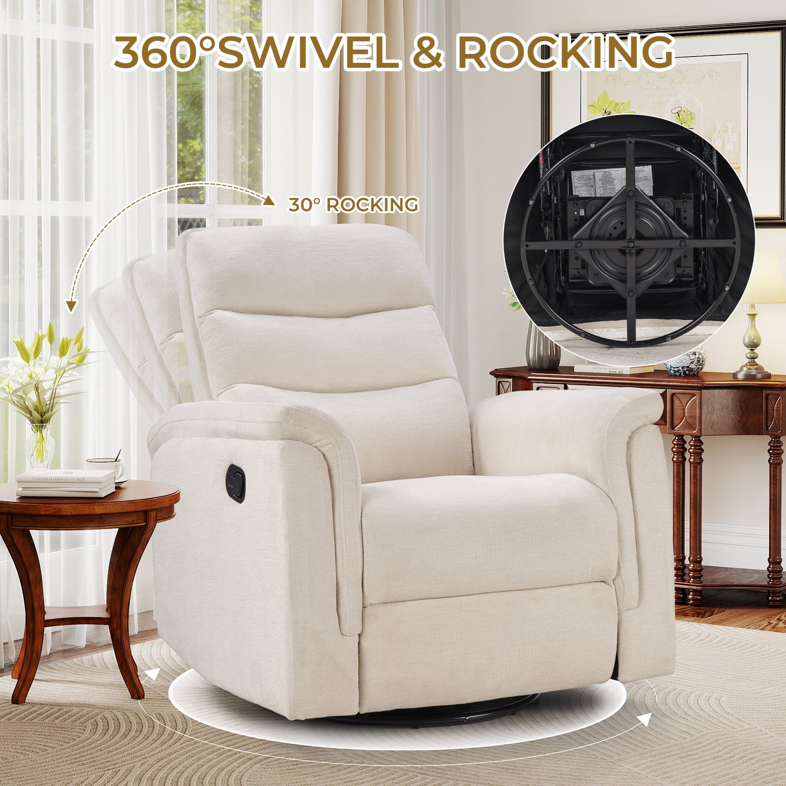 Ebello Manual Fabric Swivel Rocker Recliner, Silent Nursery Glider Chair with Soft Armrests & Backrest for Bedroom Apartment Living Room, Beige