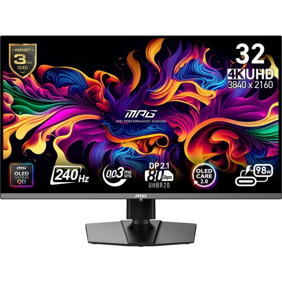 MSI MPG 322URX QD-OLED UHD 240Hz 32 inch Gaming Monitor - Quantum Dot - Adaptive Sync - True Black HDR 400 - Anti-glare Narrow Bezel Screen - .03 GTG Response Time - HDMI 2.1 - DisplayPort 2.1 - US...
