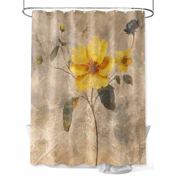 Vintage Yellow Floral Standard Shower Curtain Set, Waterproof Shower Curtains for Bathroom, Spring Summer Botanical Washable Fabric Cloth Bath Curtain for Bathtub Decoration with Hooks 72x72 Inches