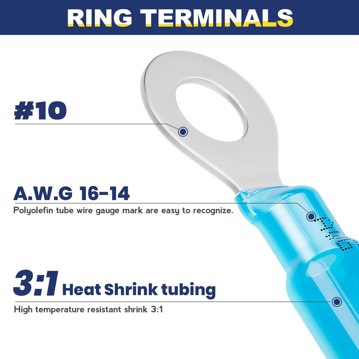 260PCS Heat Shrink Ring Connectors,AWG 22-10 Marine Grade Heat Shrink Wire Connectors Tinned Red Copper #10,1/4",5/16",3/8"Ring Terminals(3Colors/4Sizes)