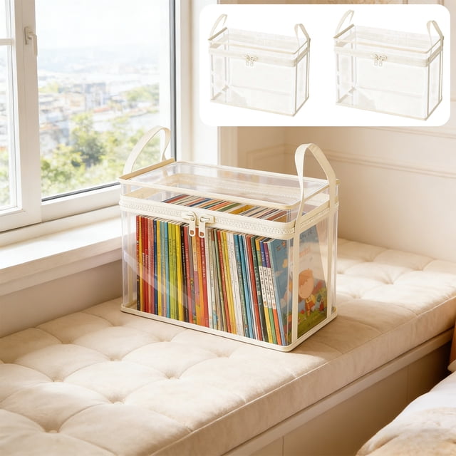 Jiaeri Clear Plastic Book Storage Box Transparent Organizer with Lid for Home Classroom Office Shelf Stackable Bookcase Container