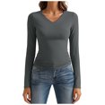 thumbnail image 2 of Mifsaly Layering Tops for Women V-Neck Long Sleeve Slim Fit Crop Top Business Travel Stretchy Basic Tight-Fitted Blouse Fall Winter Thermal Undershirts Dark Gray, 2 of 8