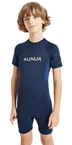 Aunua Childrens 3mm Youth Swimming Suit Shorty Wetsuits Neoprene for Kids Keep Warm 