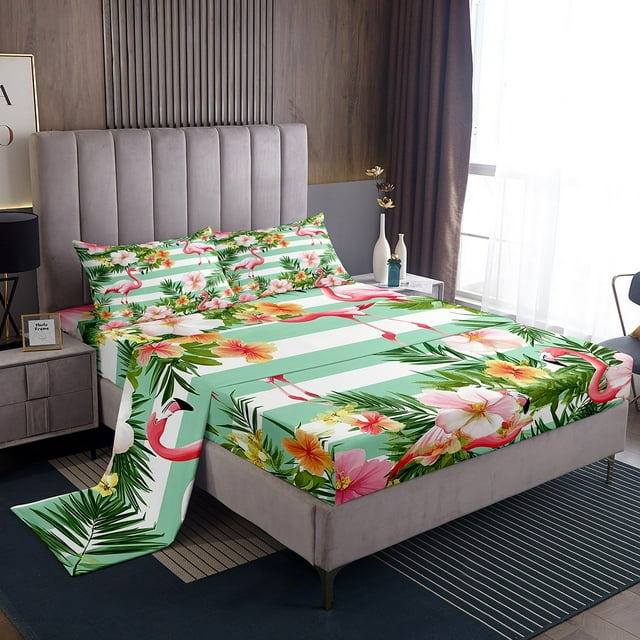 Erosebridal Ensemble de Draps Tropical Flamant Rose Format Simple, Draps Palmier Floral Simple, Décor à Rayures 3 Pcs