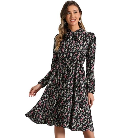 Vestido con cinturón y estampado floral vintage de manga larga y gasa con cuello anudado para mujer Negros L