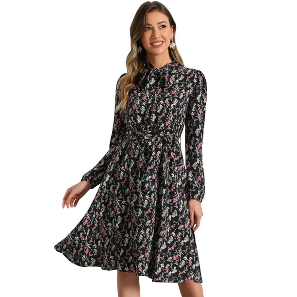 Vestido con cinturón y estampado floral vintage de manga larga y gasa con cuello anudado para mujer Negros XL