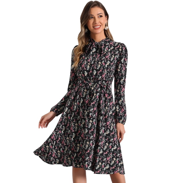 Vestido con cinturón y estampado floral vintage de manga larga y gasa con cuello anudado para mujer Negros M