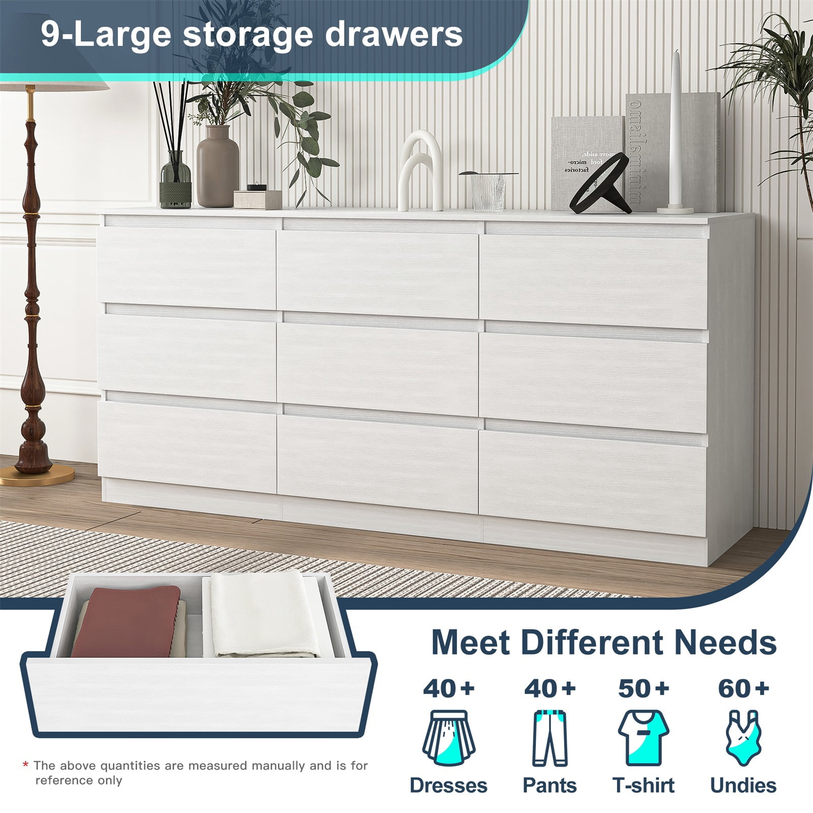 Hommoo White 9 Drawer Dresser, Wood Modern Storage Cabinet Dresser Organizer, Chest of Drawers for Living Room, Closet, Hallway, Nursery