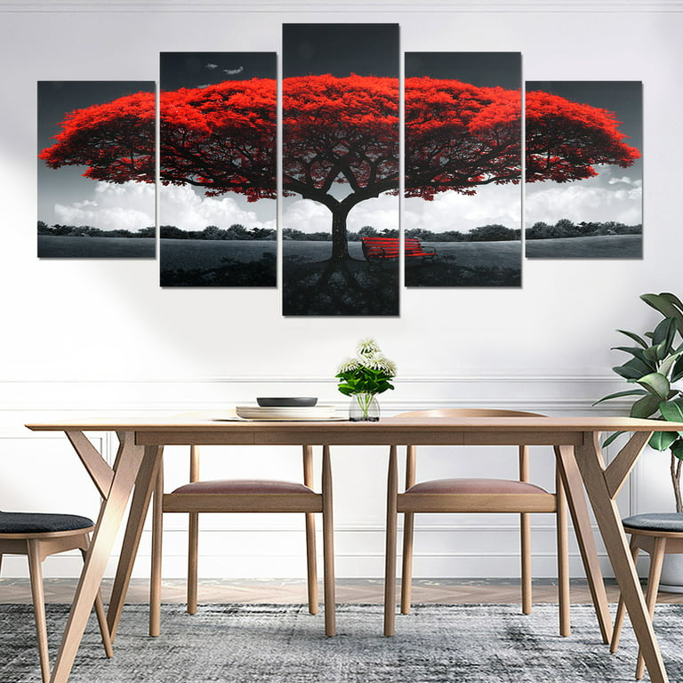 Betydning vækst logik 5 in 1 Red Tree Canvas Wall Art, EEEkit Frameless Modern Landscape Artwork  Painting for Wall Decor, Black and White with Red Picture Prints for Home  Office Living Room Bedroom Decoration Ready