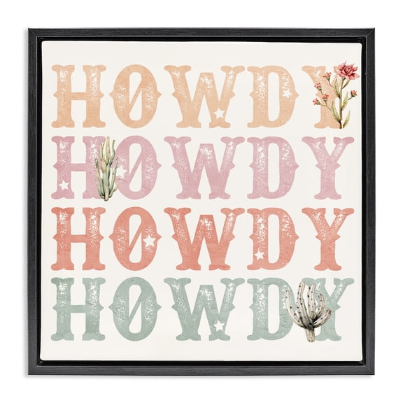Vintage Howdy Rainbow Text Black Framed Floater Canvas Wall Art, design by Kim Allen