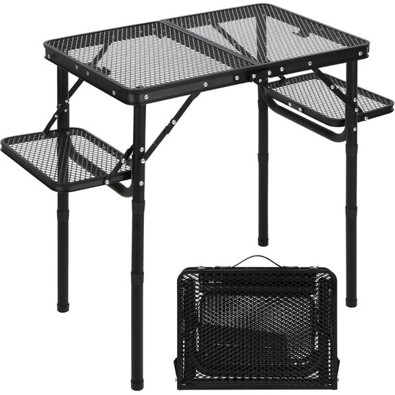 REDCAMP Folding Grill Table with Mesh Desktop, Adjustable Height Portable Small Stand Table with Side Table for Outdoor Indoor Camping Picnic BBQ