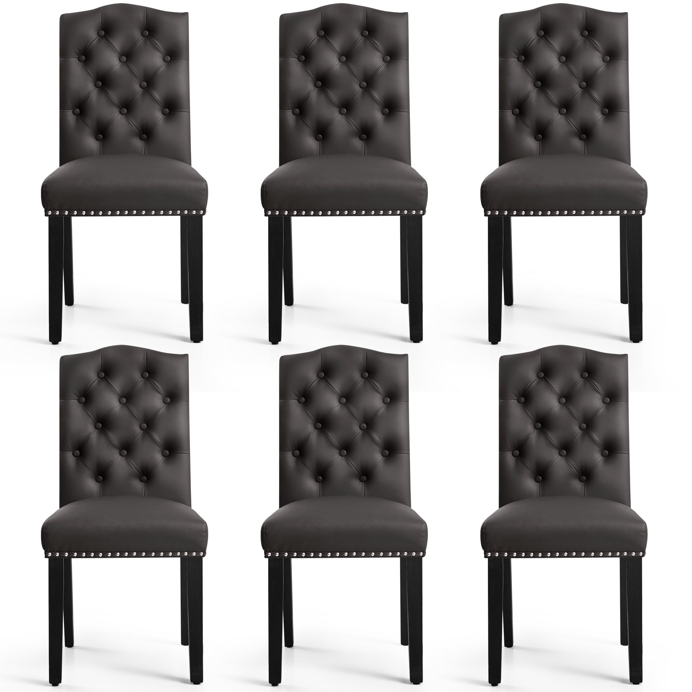 Subrtex Upholstered Dining Chairs Set of 6, PU Leather Dining Chair with Nail heads Trim, Button Padded Chairs Set for Kitchen Dining Room, Gray