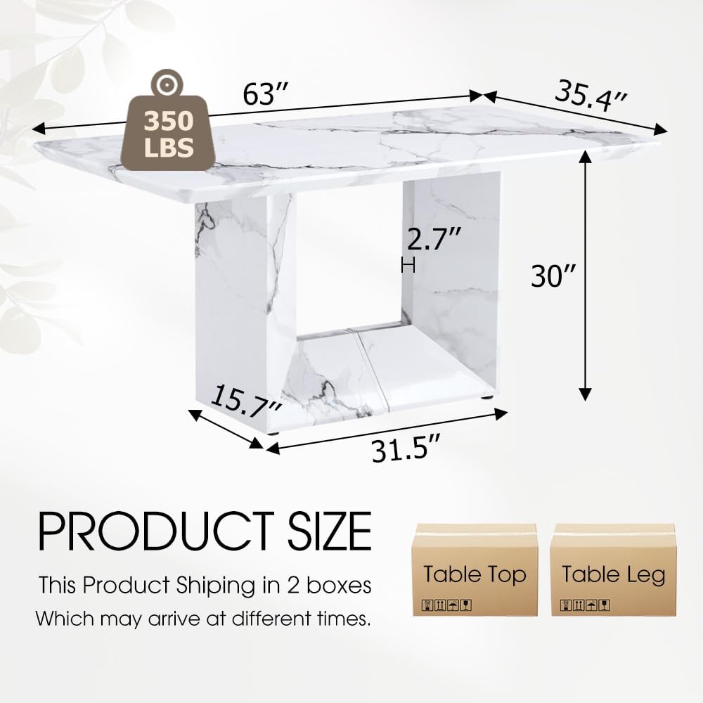 JUFU 63'' Faux Marble Dining Table, White MDF Rectangle Kitchen Table for 4–6, Modern Dining Room Table