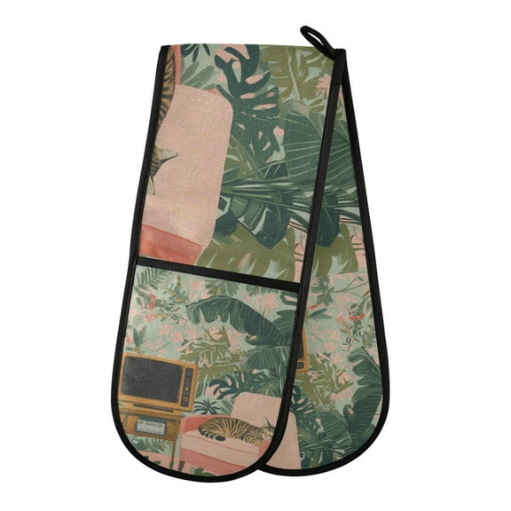 Yayeee Double Oven Mitt Kitchen Heat Resistant Baking 35" x7" Quilted Glove, Pink and Green Cat