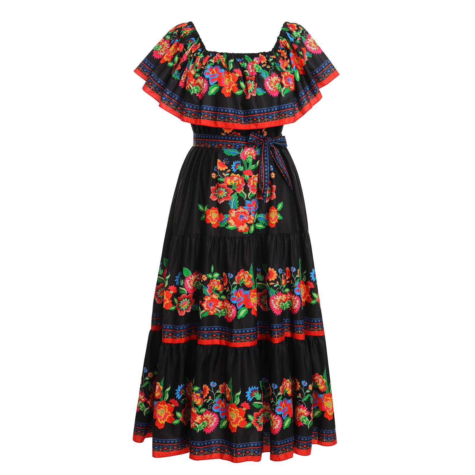 IBTOM CASTLE Women's Mexican Dress Floral Print Smocked Traditional Wear Off Shoulder Beach Holiday Party Long Maxi Dresses M Black