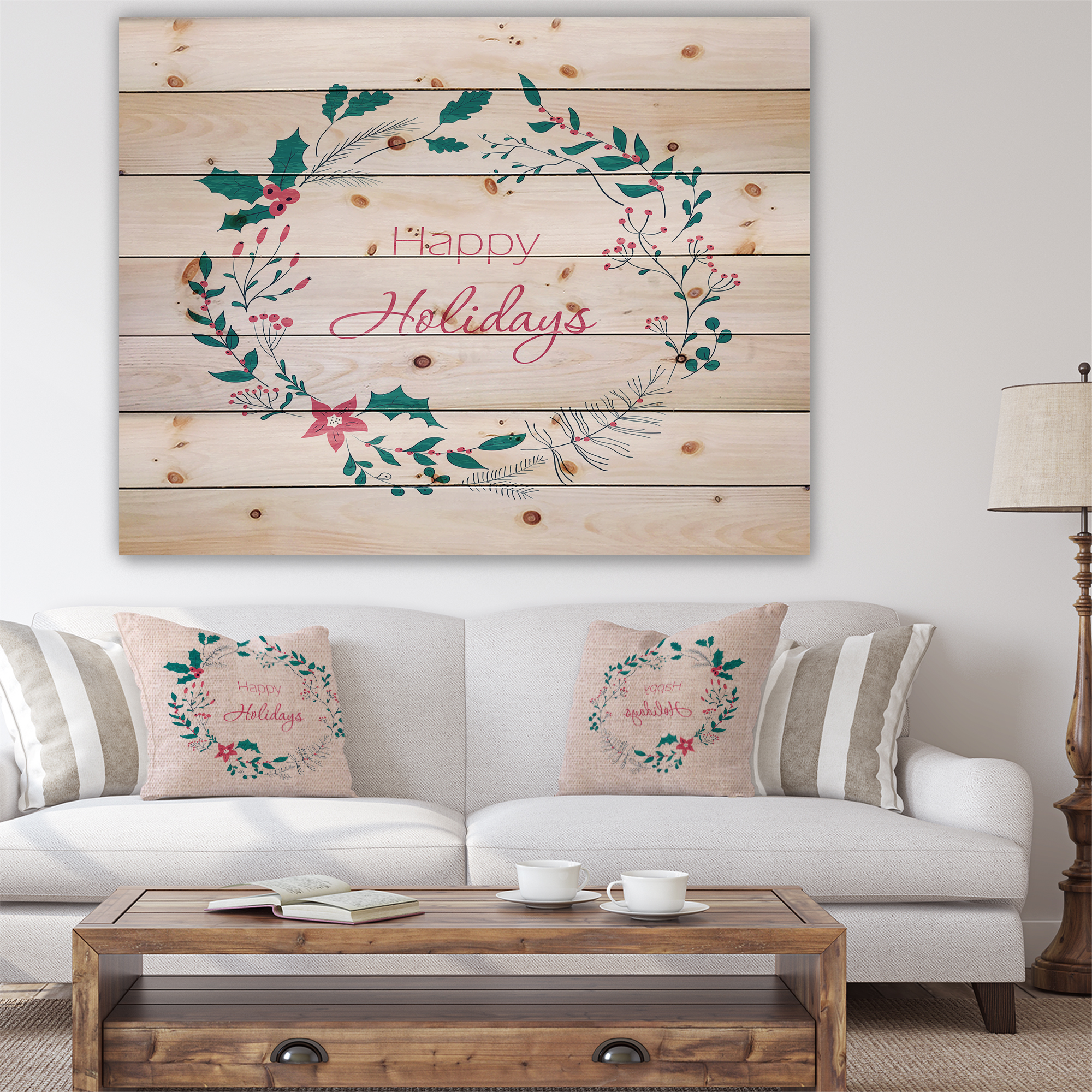 Designart 'Happy Holidays in Christmas Wreath' Print on Natural Pine Wood