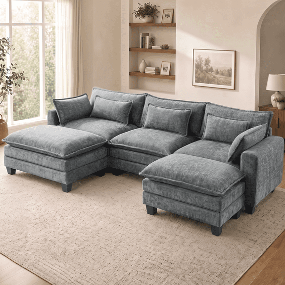 CHITOOMA 111" Modular Sectional Sofa with 2 Movable Ottomans, U-Shaped Oversized 3-Seat Chenille Cloud Sofa with 5 Pillows for Living Room, Gray