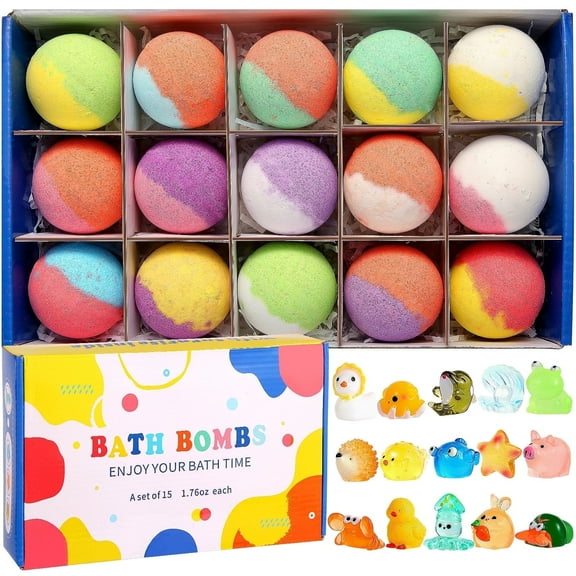 Vremou Bath Bombs for Kids, 15pcs Kids Bubble Bath with Surprise Toys Inside, Kids Friendly & Non-Toxic Fizzy for Girls Boys, Perfect Birthday Gift