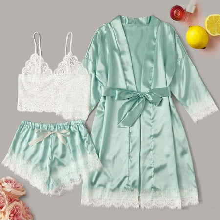 

Lingerie Set For Women Lace Satin Wireless Bra Camisole Shorts Pajamas Sleepwear Robe Lingerie