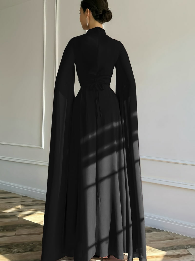 PAOLA RIBONI Elegant Long Sleeve Wedding Guest Dress in Classic Black,  Modest 1pc Evening Gown with Cape Sleeve for Women, Perfect for Formal  Occasions - Walmart.com