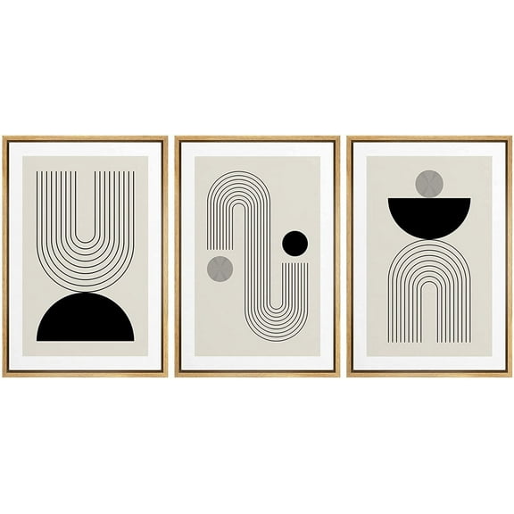 wall26 Framed Wall Art Print Set Boho Black and Gray Semi Circle and Line Art Abstract Patterns Digital Art Modern Art Bohemian Chic Relax/Calm for Living Room, Bedroom, Office - 16"x24"x3