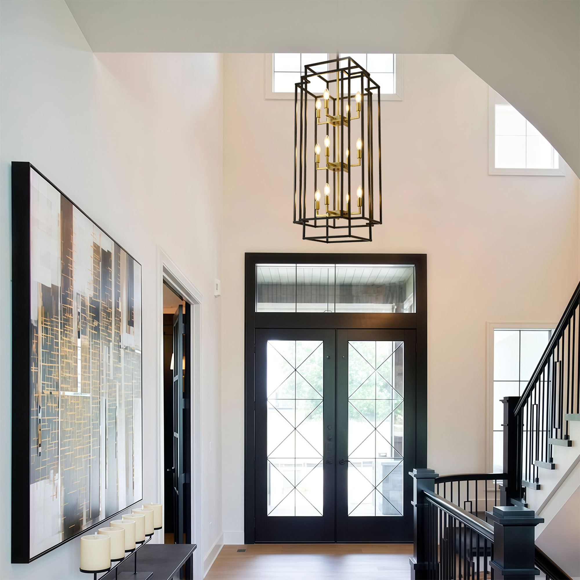 12-Light Lantern Tiered Pendant Light Fixtures,Farmhouse Foyer Chandelier, Black and Gold Dining Room Light Fixture for Living Room Staircase Entryway