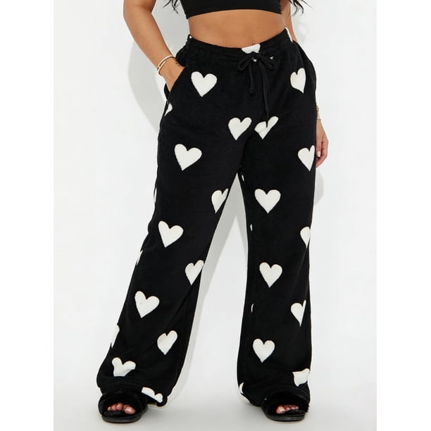 Pantalones de mujer para el Día de San Valentín, con estampado romántico de corazones, cintura elástica con cordón ajustable, pernera ancha y corte holgado, estilo casual para uso diario.
