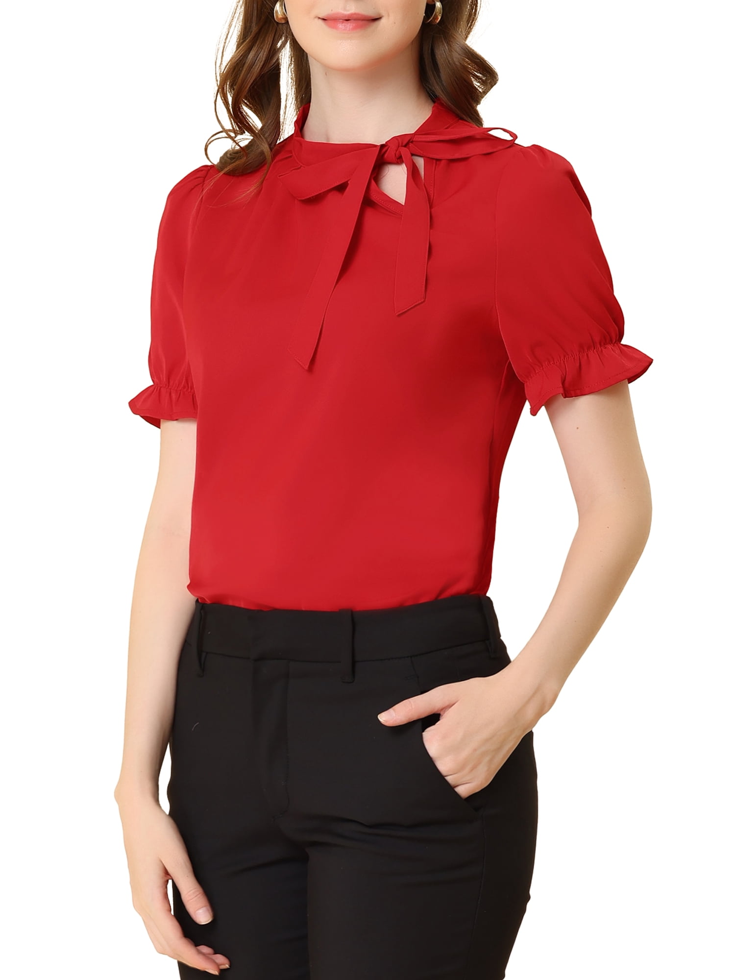 Unique Bargains Women's Bow Tie Neck Office Elegant Short Sleeve Blouse Top M Red