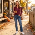 thumbnail image 5 of Dwellite Women Long Sleeve Sweater Waffle Oversized Pullover Tops Casual Loose Henley Blouses for Fall Winter Wine XL, 5 of 9