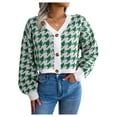 thumbnail image 1 of hirigin Ladies Autumn Single-breasted Knitwear, Women Houndstooth V-neck Puff Long Sleeve Short Sweater Coat Knitted Cardigan, 1 of 5