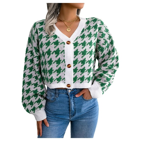 hirigin Ladies Autumn Single-breasted Knitwear, Women Houndstooth V-neck Puff Long Sleeve Short Sweater Coat Knitted Cardigan