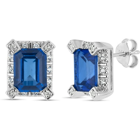 Emerald Cut Kashmir BlueTopaz And Round White Topaz Swarovski Genuine Gemstone Sterling Silver Rhodium Stud Earrings