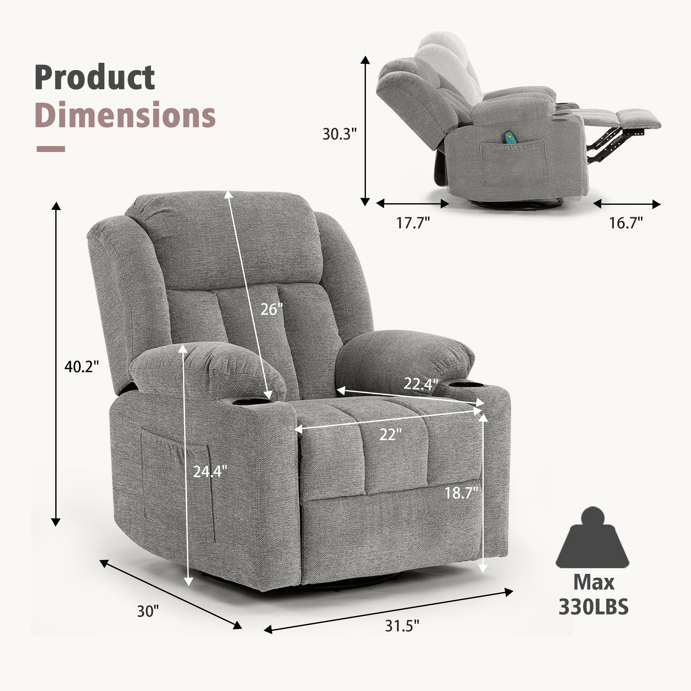 Sfxingyou Adult Fabric Solid Print Recliner Chair with Massage and Heat, Gray