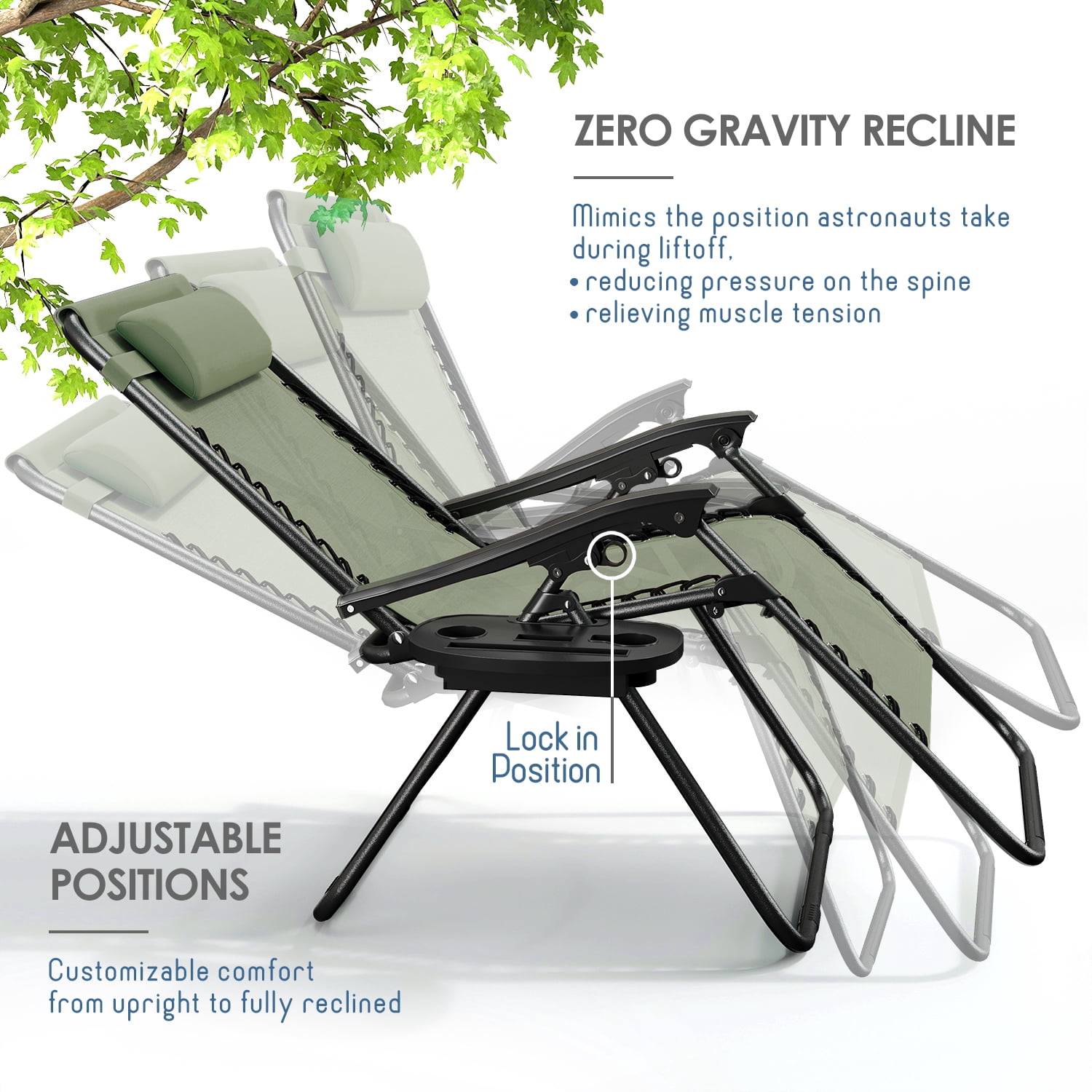 LammaLoe Zero Gravity Chair Set of 4, Outdoor Lounge Chairs with Cup Holder, Sage Green