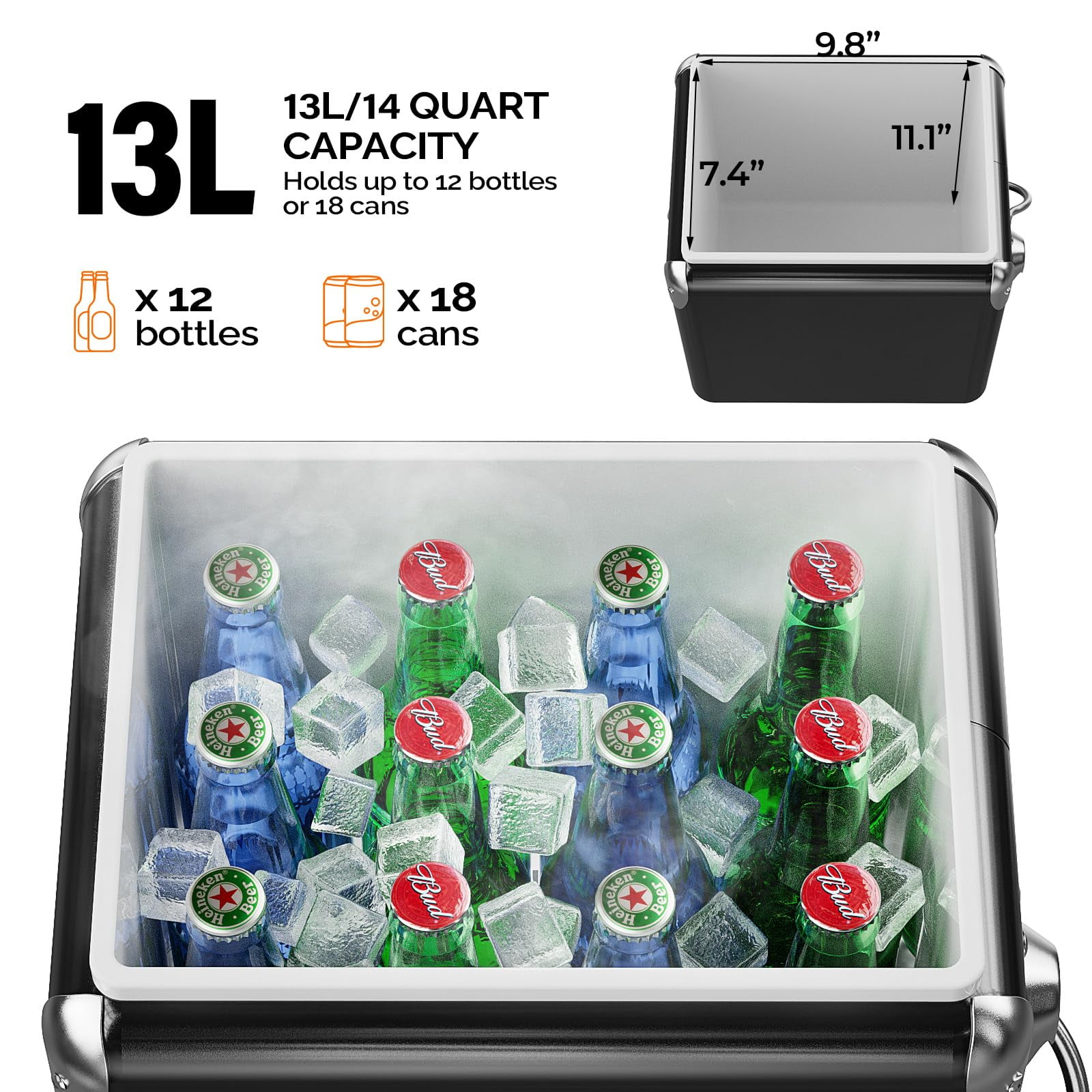 14QT Small Insulated Portable Cooler, Retro Vintage Hard Metal Cooler for BBQ, Camping, Fishing, Picnic, Outdoor Activities
