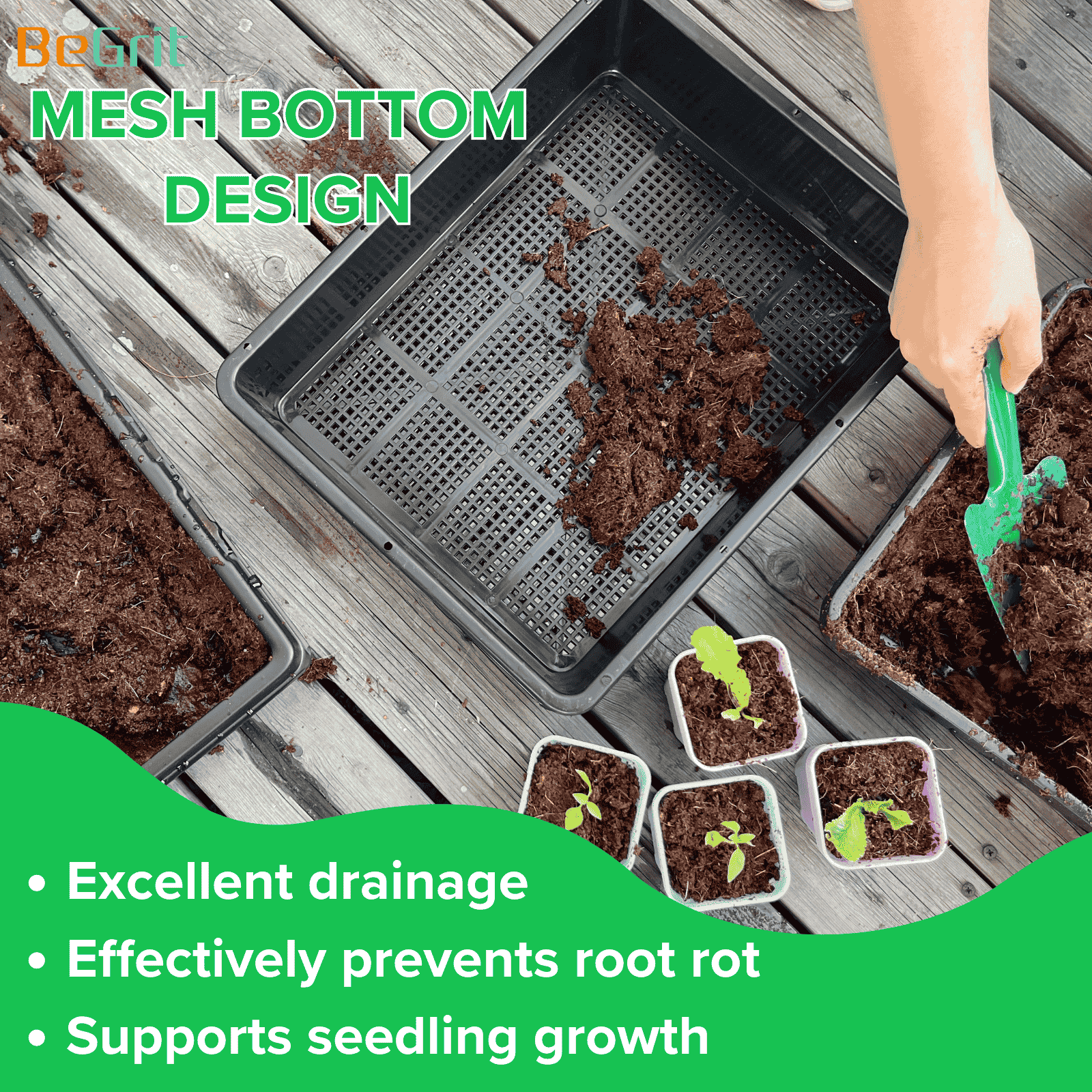 BeGrit Seedling Trays 5-Pack 15x12 inch Mesh Bottom Tray Plastic Plant Trays for Microgreens,Soil Blocks,Wheatgrass,Hydroponic and Fodder Systems