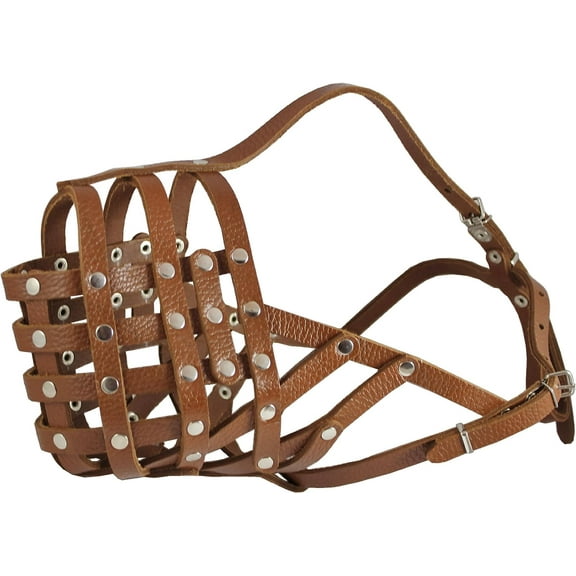 Secure Leather Mesh Basket Dog Muzzle #16 Brown - Great Dane, Saint Bernard, Mastiff (Circumference 15.5', Snout Length 4.5')
