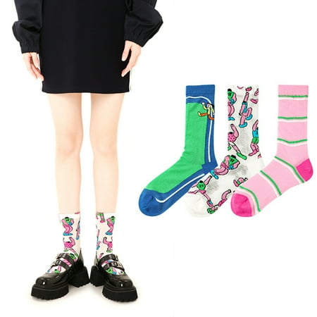 

3 Pairs Women Cotton Dress Novelty Socks Print Crew Casual Mid-calf Socks