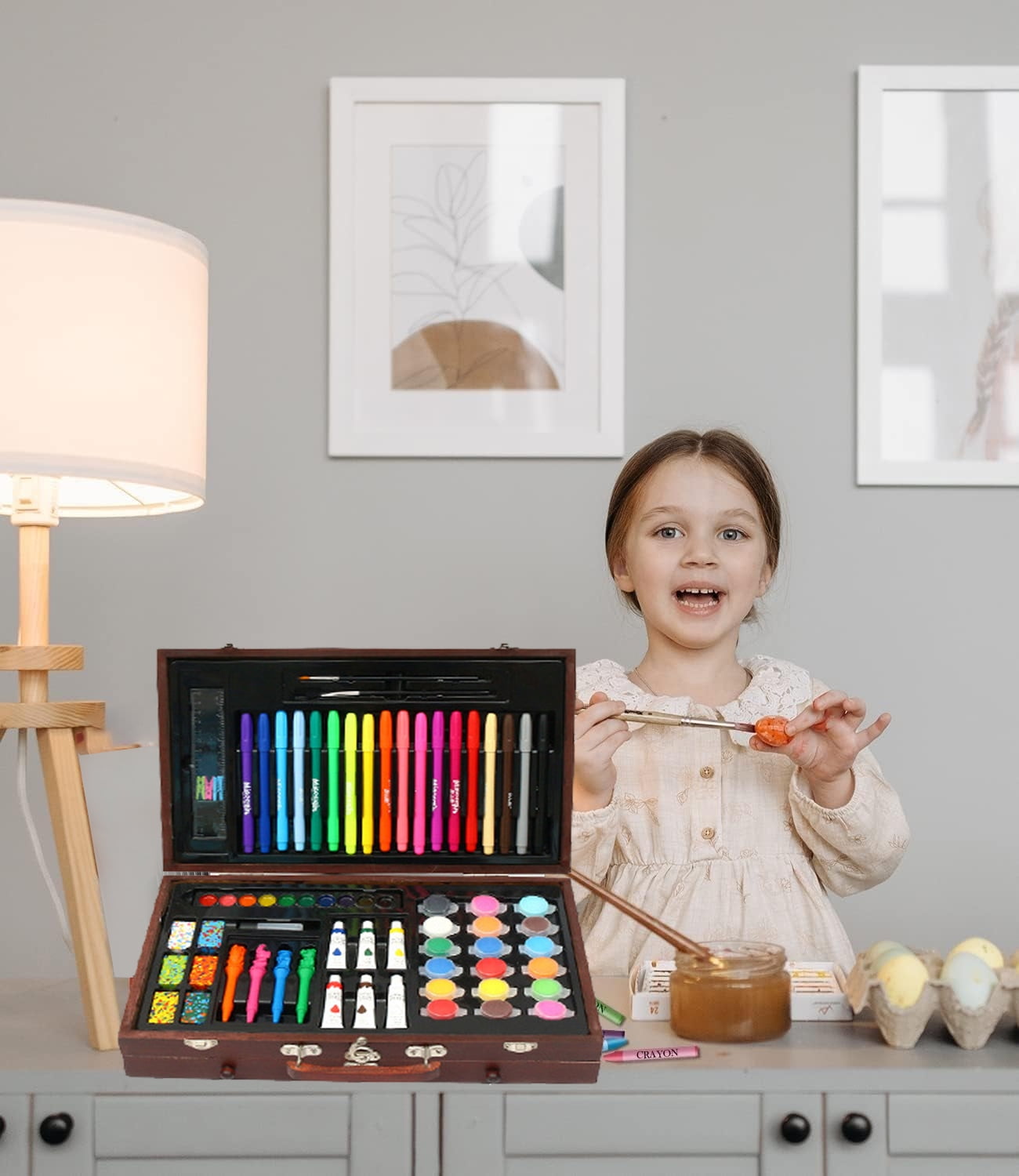 123 Piece Deluxe Art Set, Wooden Box & Drawing Kit with Crayons, Oil Pastels, Colored Pencils, Watercolor Cakes, Sketch Pencils, Paint Brush, Sharpener, Eraser for Girls Boys 6-8 9-12 13 14 Year Old