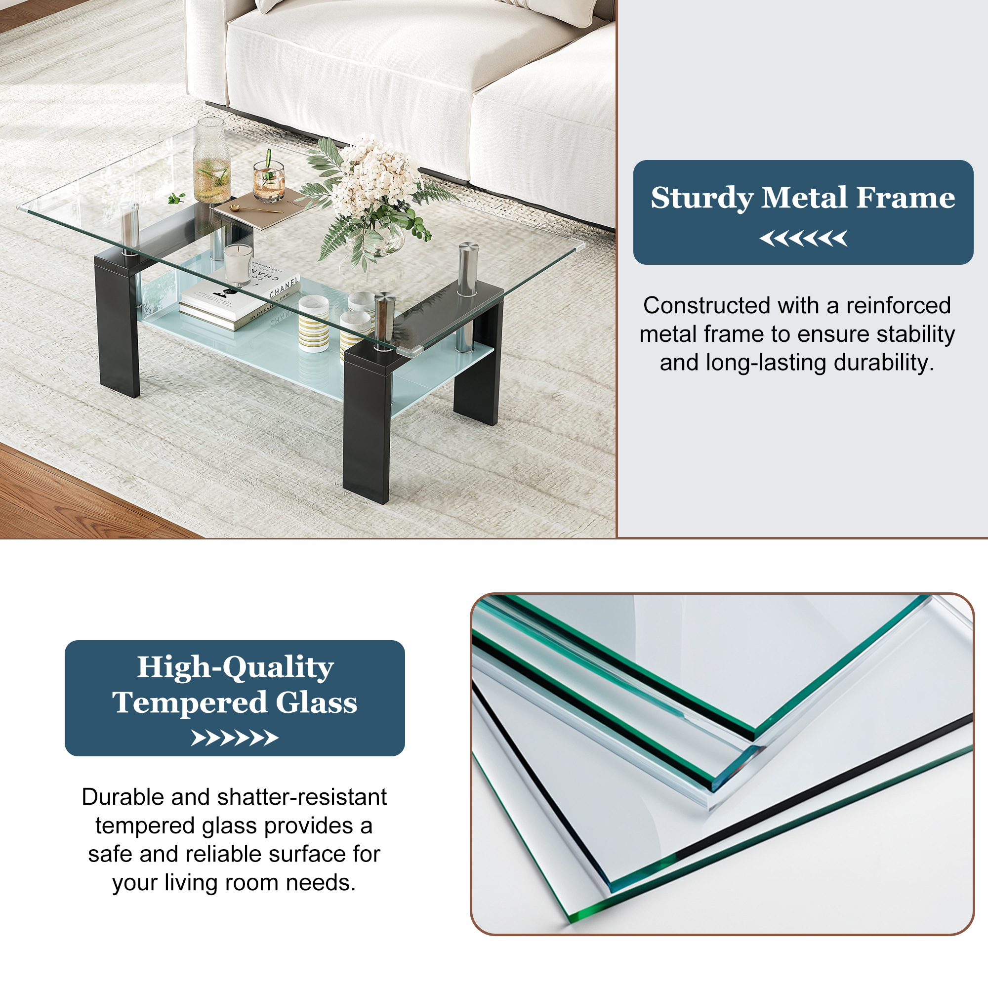 Rectangle Glass Coffee Table, 37.2"  2-Tier Modern Tea Table with Storage Shelf for Living Room