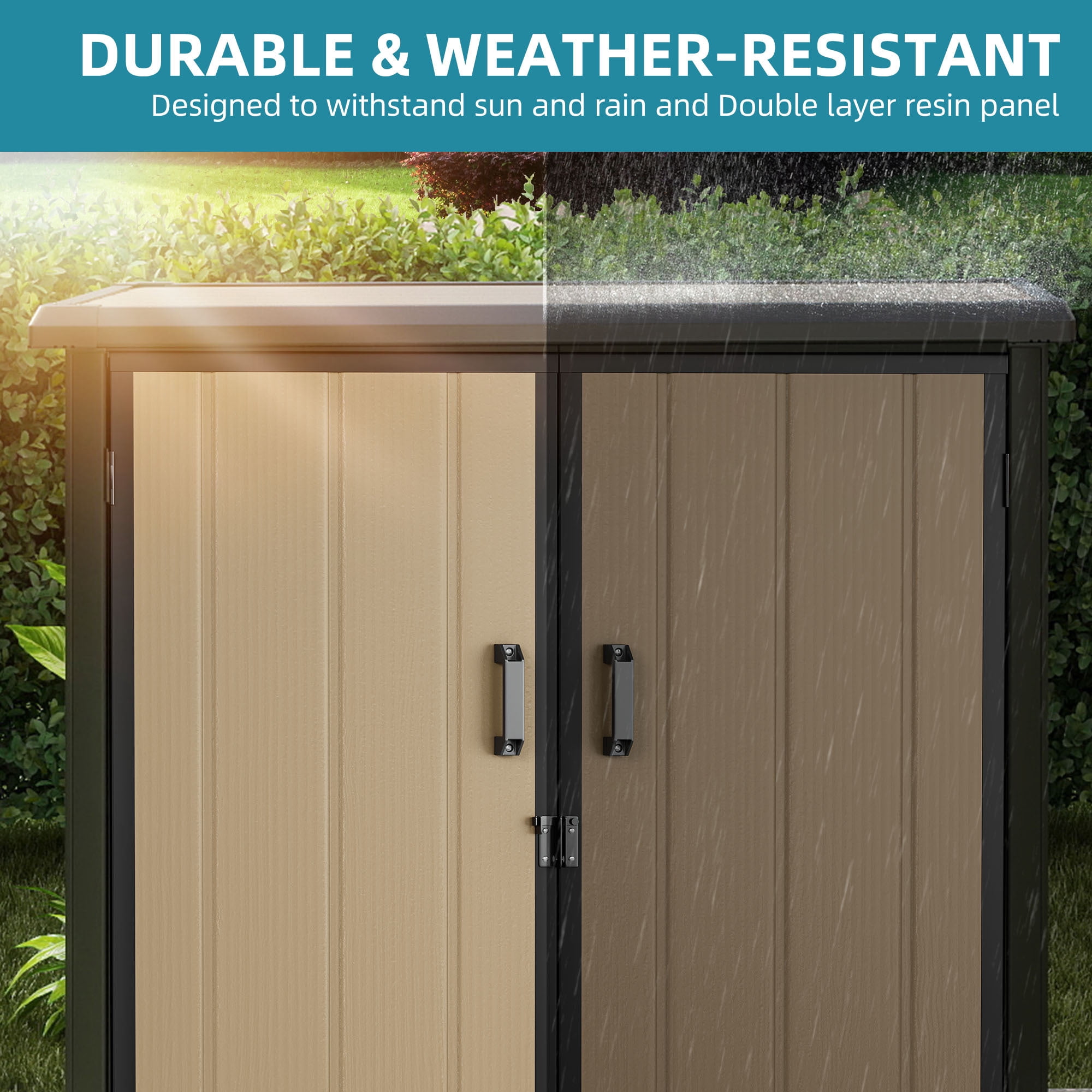 Uforic 54 Cu. Ft. Outdoor Vertical Storage Shed with 2 Shelves, 4.2x2.6x5 Ft, Includes Floor & Lockable Doors, Durable Double-Wall Plastic Cabinet for Trash Cans, Tools and Garden Equipment, Brown