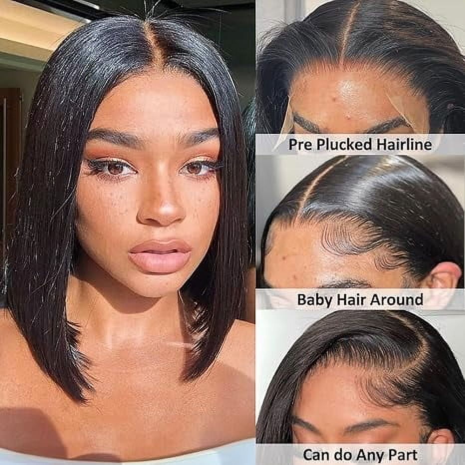 TTOhair 13x4 HD Frontal Lace, Glueless Lace Front, Pre-Plucked Short Straight Human Hair Wig, Black, 1