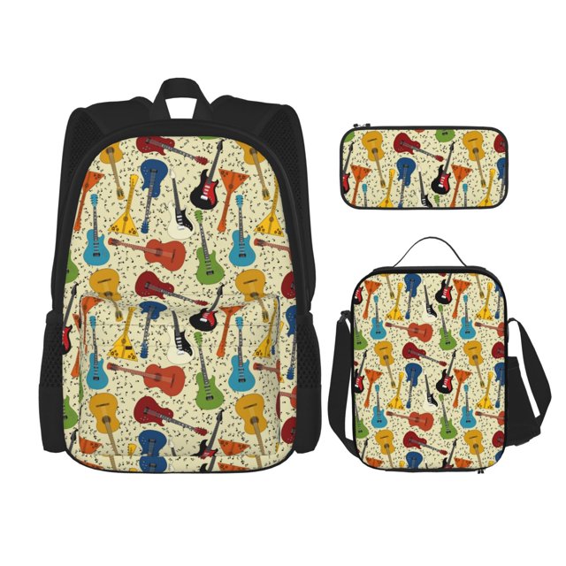 Bingfone Different Kind Of Guitars for Backpack Lunch Bag Pencil Case Set, Large Capacity School Backpack Combination Three-piece Set, Unisex