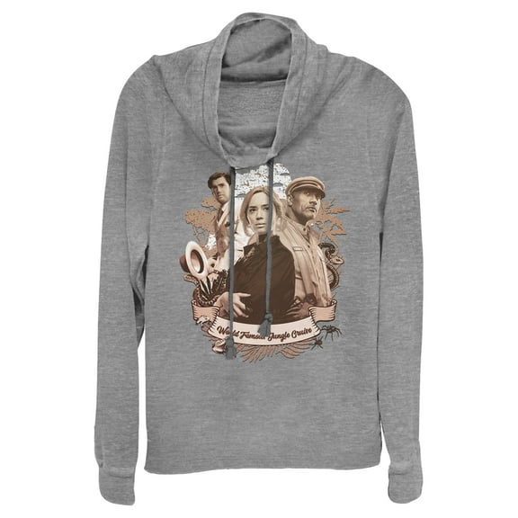 Junior's Jungle Cruise Retro Cast Photo  Cowl Neck Sweatshirt Gray Heather X Small